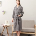Grey waffle knit bathrobe for women with V-neck, waist strap and side pockets - Grey [Women]