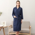 Dark blue waffle texture bathrobe for women and men featuring a classic tie waist and pockets - Navy Blue [Female]