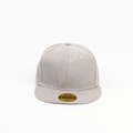 Close-up of light grey flat brim baseball cap with six-panel design and golden sticker - Adjustable / Light Gray