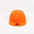 Detail view of bright orange flat brim snapback hat showing 58cm size sticker and stitching - Adjustable / Orange