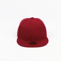 Detail view of red snapback hat with round size sticker on flat brim and six-panel crown - Adjustable / Burgundy