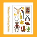 Western cowboy temporary tattoo sheet with cactus and skull icons on orange frame - Western Cowboy Series-WY-011