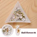 DIY shell flower nail art set with white petals, pearls and gold studs, style 06 - White