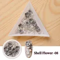 Shell flower nail art set with grey matte petals, pearls and silver metal studs style 08 - Gray