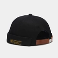 Berretto docker retrò in tela nera con patch vintage e cinturino in pelle regolabile - Regolabile / Nero
