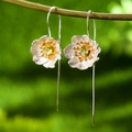 Silver flower earrings with golden center and olive green gemstone on branch - 925 Silver / Silver Flower Gold Core Green Stone