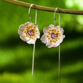 Handcrafted S925 silver flower drop earrings with purple gemstone on wooden branch - 925 Silver / Silver Flower Gold Core Purple Stone
