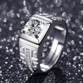Men's silver ring with large round zircon, Greek key pattern and sparkling accents - Adjustable / Style 1 Greek Meander Men's Ring (1 Carat)
