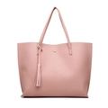 Pink faux leather tote bag with lychee texture and stylish tassel decoration - Pink