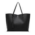 Minimalist black faux leather tote bag with tassel charm and large capacity for women - Black