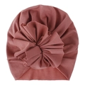 Soft knitted baby turban hat in dusty rose with a large decorative fabric flower - Dust Rose
