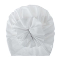 Detailed view of white pleated flower baby turban hat in soft knit cotton fabric. - White
