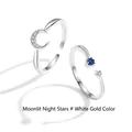 Silver moon and star ring set with blue sapphire and white zircon in white gold finish - Star Ring And Moon Ring / White Gold