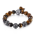 Men's tiger eye stone bracelet with stainless steel mantra charms on white background - Yellow Tiger's Eye (KB119659-Z)