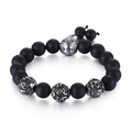 Men's matte black stone bracelet with silver engraved mantra beads and lotus charm - Black Matte Stone (KB119660-Z)
