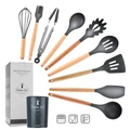 11-piece dark gray silicone kitchen utensil set with natural wooden handles and storage bucket - 9-Piece Set B (With Holder)
