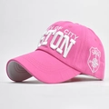 Detailed close-up of 3D Boston embroidery and side patch on pink baseball cap - Adjustable / Rose Red