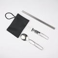 Portable stainless steel cutlery set with folding spoon, fork and chopsticks in black pouch - Folding Spoon Fork and Chopsticks Set with Black Bag