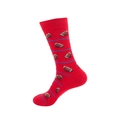 Red cotton crew sock featuring football pattern and blue stripes on a clean white background - One Size / Red Football (52)