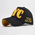 Detailed shot of yellow NYC felt applique and distressed brim on a black cotton baseball cap - Adjustable / Black with NYC Embroidery