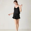 Set pigiama da donna in seta sintetica nera con canotta e pantaloncini a balze - Taglia S / Top E Pantaloni / Nero