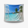 Tropical coconut tree and sea view faux window tapestry for home wall decoration - Gt103514