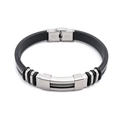 Men's punk style black silicone bracelet with silver stainless steel metal accents - Silver