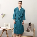 Peacock blue waffle bathrobe for men with kimono collar and adjustable waist belt - Spruce Green (Men)