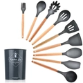 Dark grey 10-piece silicone kitchen utensil set with wooden handles and storage bucket - Kitchen Utensils Set A (With Storage Bucket)