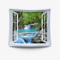 3D window effect wall tapestry featuring a tropical waterfall and forest landscape scene - Gt110120