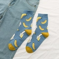 Women's blue cotton crew socks with yellow banana pattern and contrasting heel and toe - Banana