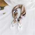 Elegant champagne satin silk scarf with floral print and decorative script lettering - Khaki Flower Script