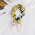 Golden floral silk square scarf with pink borders and elegant script lettering detail - Yellow Flower Script