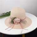 Close-up of beige straw sun hat featuring pink satin flower and black mesh details - M (56-58cm) / Light Pink