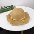 Girls straw sun hat with sunflower beads and wavy brim in khaki for summer shade - S(50-52cm) / Khaki