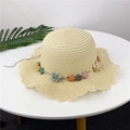 Beige Strohhut für Mädchen mit Wellenrand und bunten Stern-Blumen-Verzierungen - S(50-52cm) / Beige