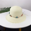 Creamy white woven straw hat with scalloped edges and colorful rabbit bead decoration - S (50-52cm) / Creamy White