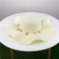 Cream white straw hat with wavy brim and seashell charms for summer beach sun protection - M (56-58cm) / Milky White - Wide Brim Wave Style