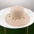 Beige straw sun hat with wavy lace brim and decorative seashell pendants for summer - M (56-58cm) / Light Pink - Bucket Hat Style