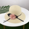 Beige woven straw sun hat for women featuring pink fabric flowers and black ribbon decor - M (56-58cm) / Beige