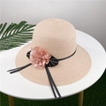 Women's wide brim straw sun hat in beige with decorative pink fabric flower detail - M (56-58cm) / Light Pink