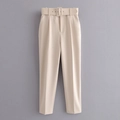 Pantalón beige entallado de talle alto con cinturón ancho a juego y corte elegante - XS / Blanco Roto