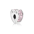 Silver heart-shaped charm with pink crystals and hollow design on white background - Pink