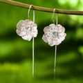 Floral sterling silver hook earrings with light blue gemstone and matte petal texture - 925 Silver / Silver & Blue