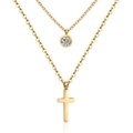 Gold double-layer O-chain necklace featuring a round crystal and classic cross pendant - Cross/Gold