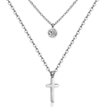 Collier double rang en acier inoxydable avec pendentif en cristal et breloque croix argentée - Croix/Argent