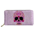 Cartera larga de cuero PU con calavera de azúcar floral colorida y cierre de cremallera - Rosa Púrpura Calavera