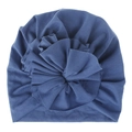 Dark blue baby turban hat featuring a large soft knit cotton flower decoration - Denim Blue White