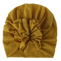 Mustard yellow baby turban hat featuring a large 3D ruffled flower in soft cotton knit - Turmeric