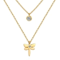 Double-layered gold stainless steel necklace with a round crystal and dragonfly pendant - Dragonfly/Gold